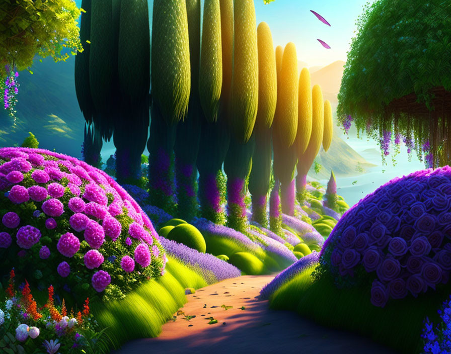 Fantastical landscape with purple flowers, winding path, lush greenery, and whimsical trees.