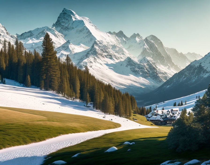 Majestic snow-covered peaks above a lush valley with a winding path and quaint village.