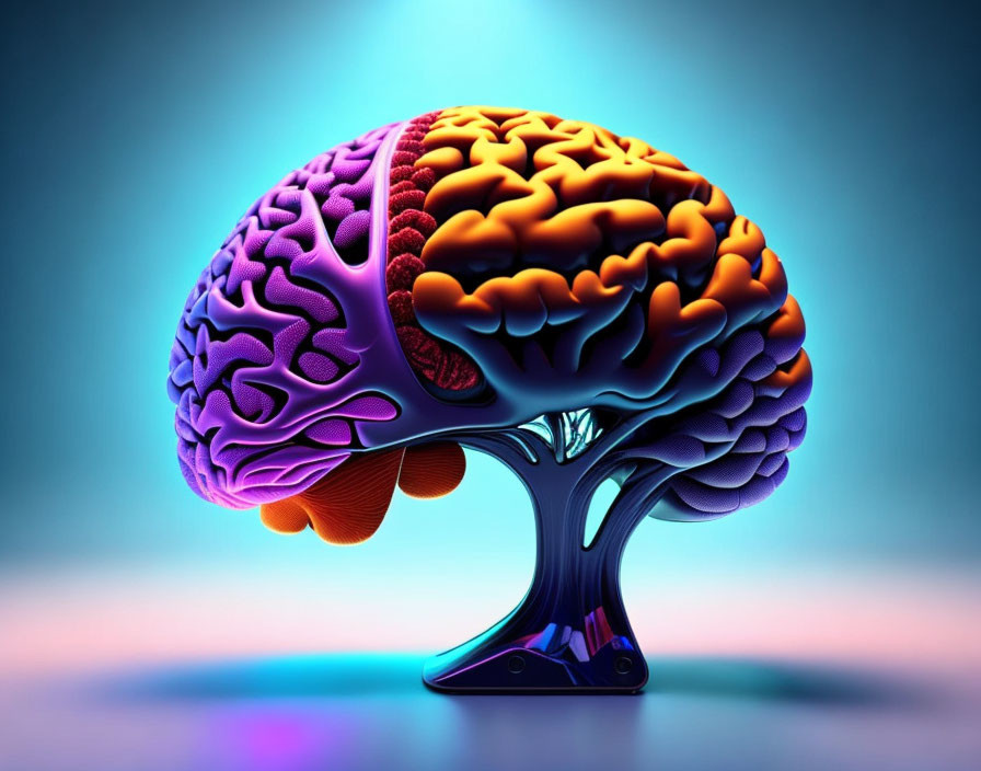 Vibrant human brain illustration in pink, purple, and orange hues