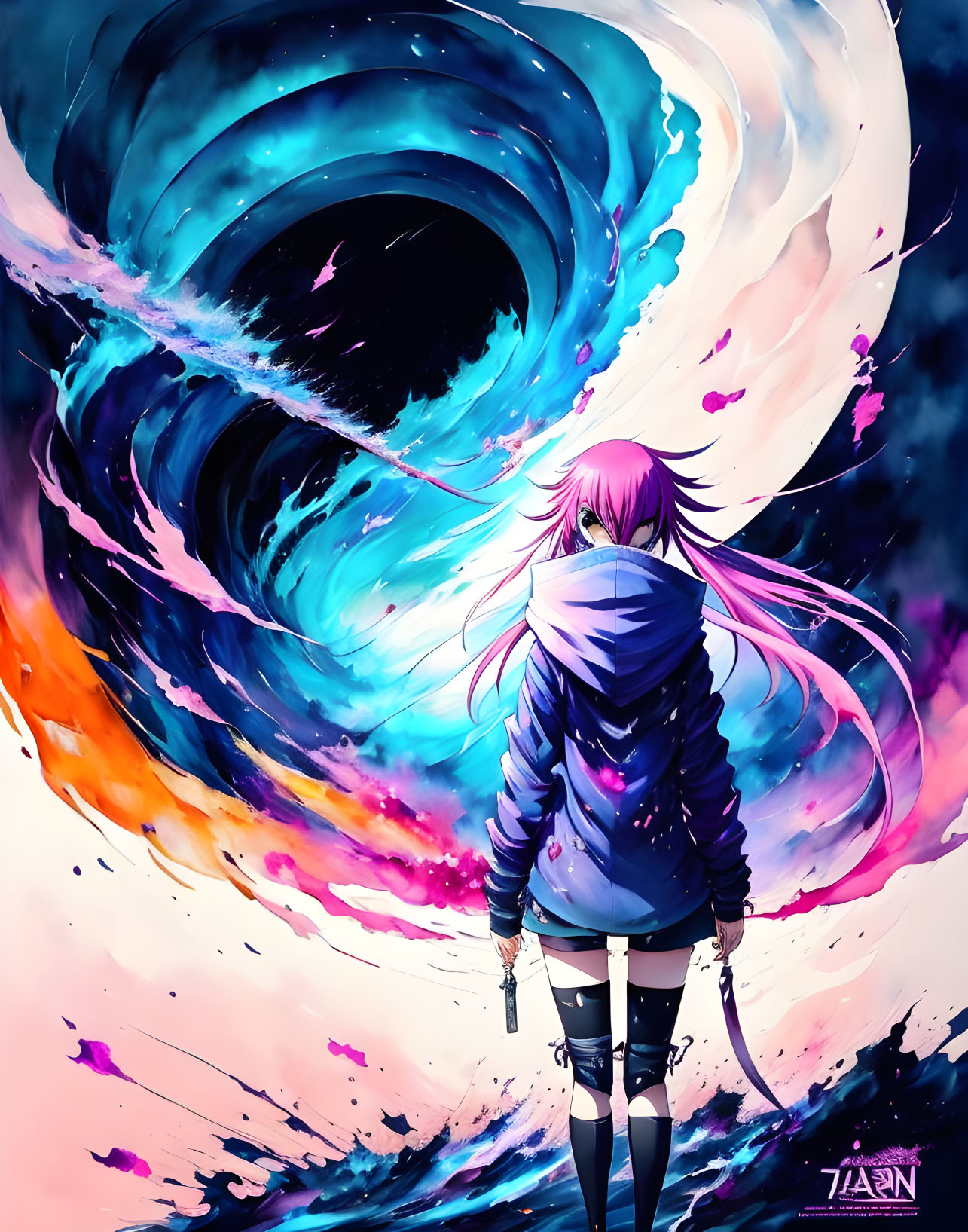 Purple-haired girl with katana in front of swirling vortex in blue, black, pink, and white