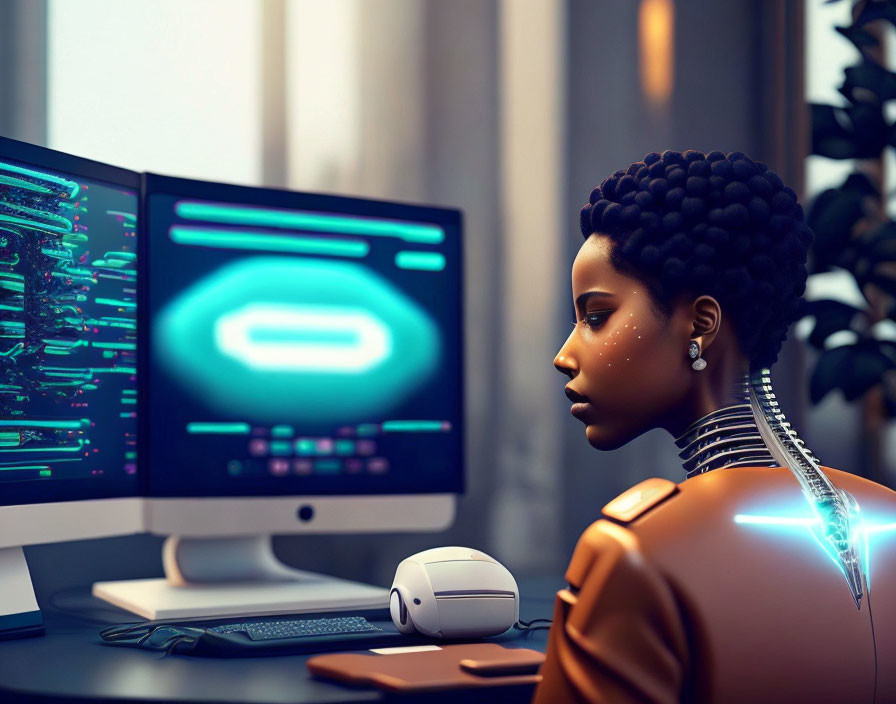 Woman with cybernetic implants at computer with futuristic interfaces.