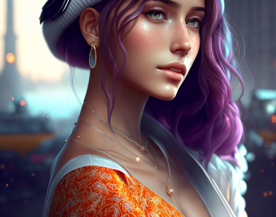 Purple-haired woman in beret with freckles and cityscape backdrop.