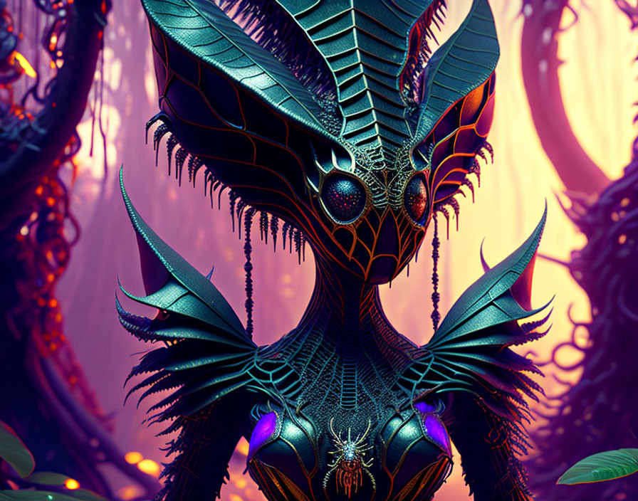 Alien creature with iridescent feathers and insect-like features