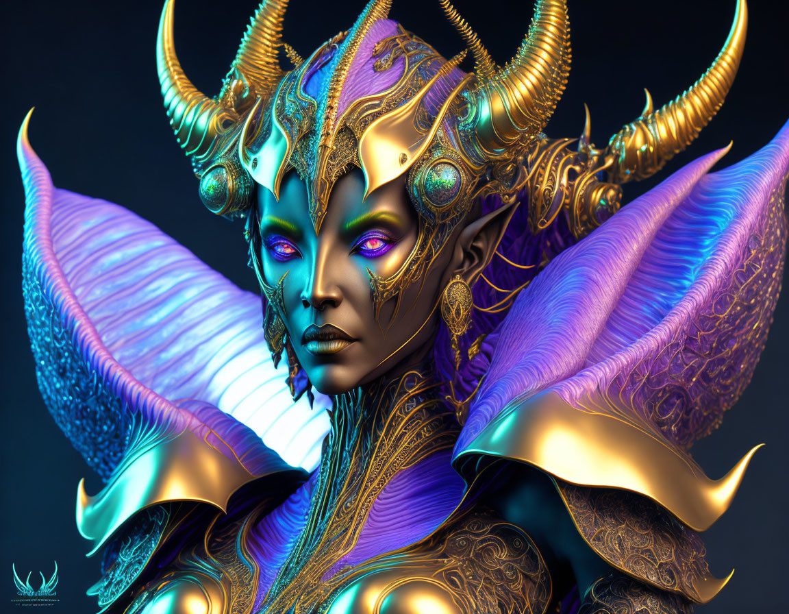 Fantastical creature with golden horns and blue skin adorned with metallic decorations.