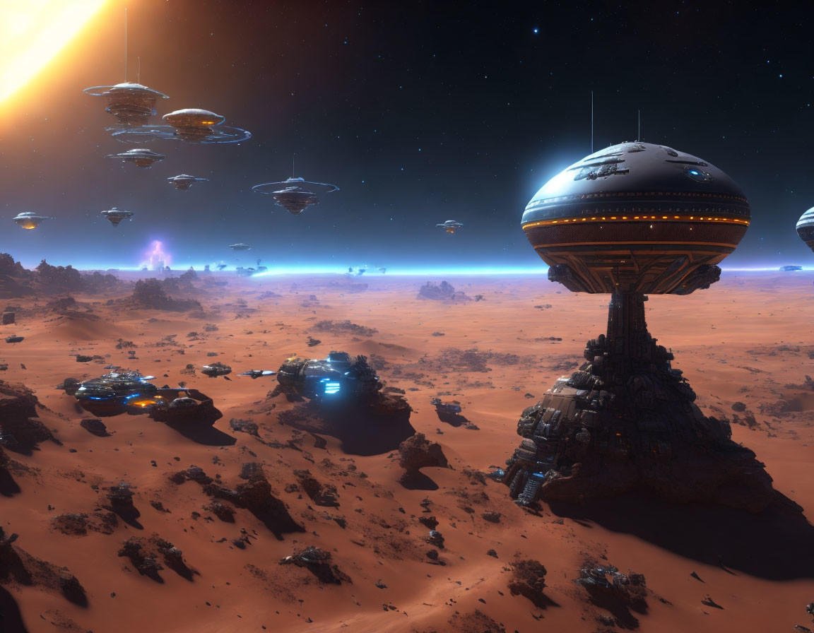 Futuristic Martian landscape with flying saucers and domed structure