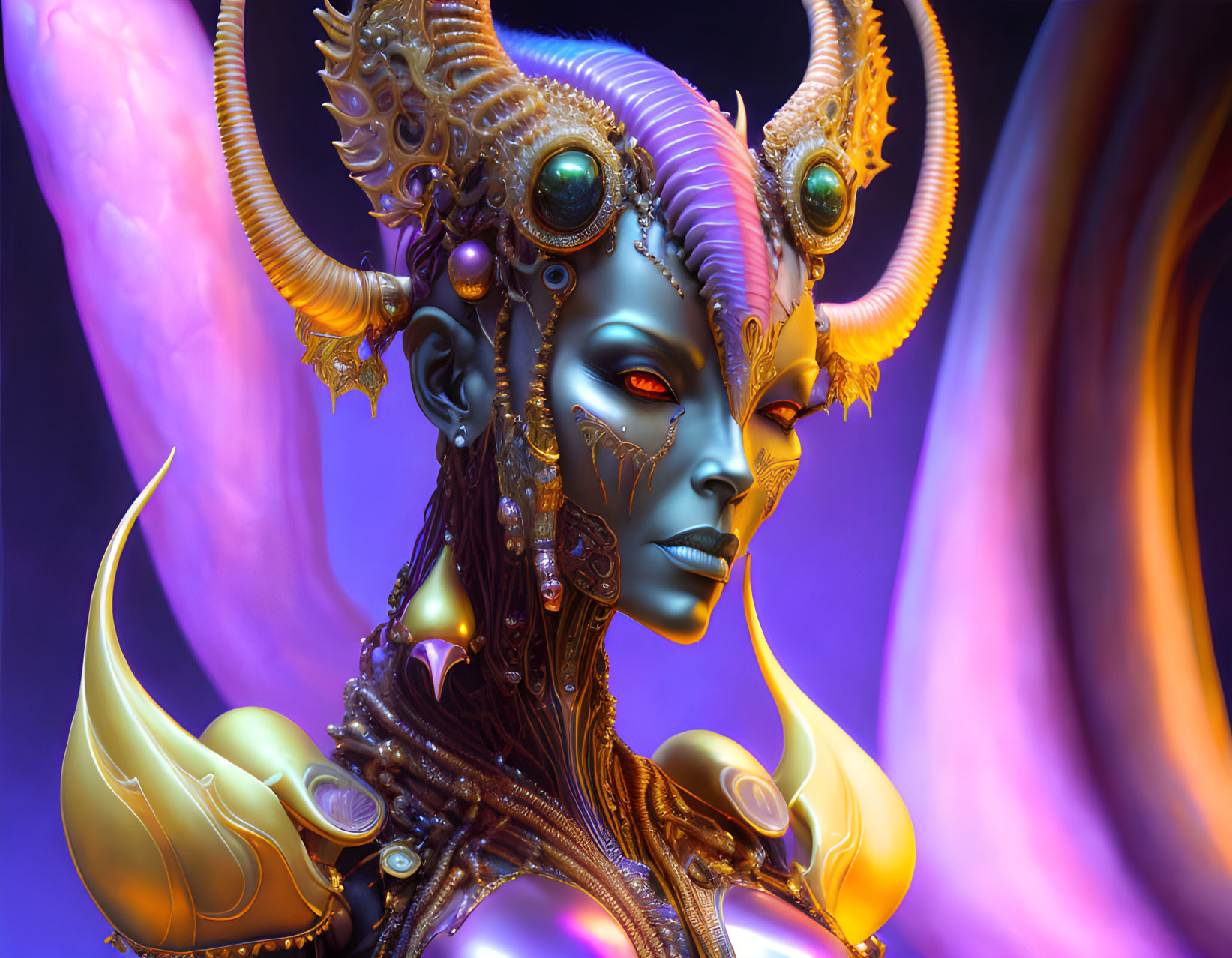 Blue-skinned alien female with golden adornments and multiple eyes on purple background