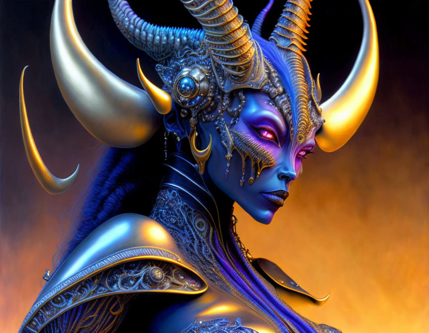 Fantastical female character with blue skin in ornate armor on orange backdrop