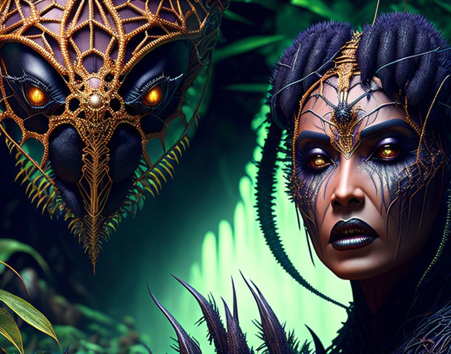 Fantasy makeup woman with spider headdress in lush green setting