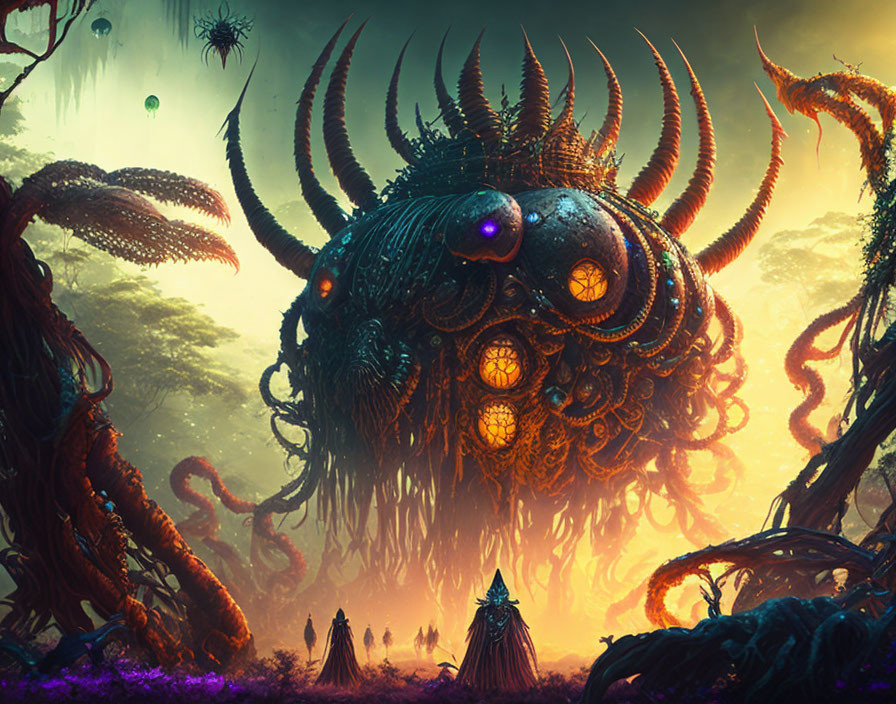 Giant alien creature with tentacles in mysterious landscape