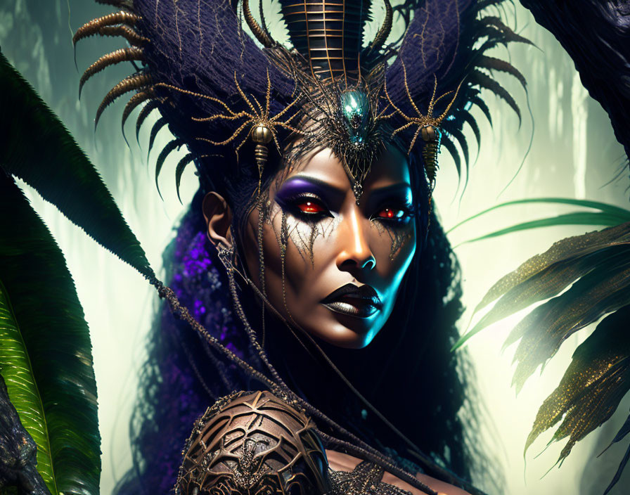 Woman with Striking Makeup and Elaborate Feather Headdress in Lush Greenery