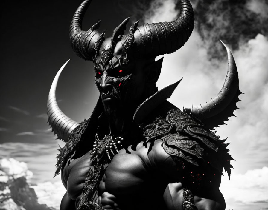 Sinister demon-like figure with horns and red eyes against mountainous backdrop