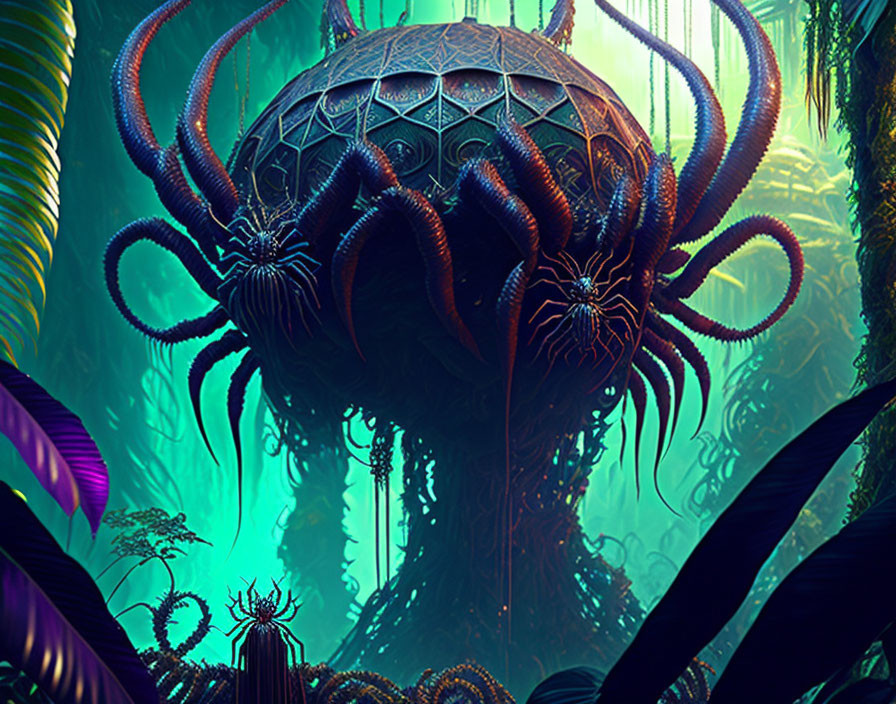 Fantastical spherical structure with tentacle-like appendages in lush alien forest