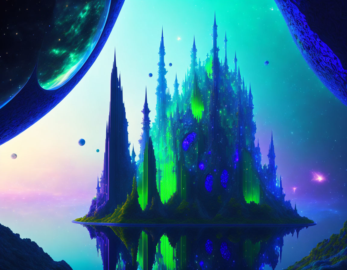 Floating island with neon green spires in outer space