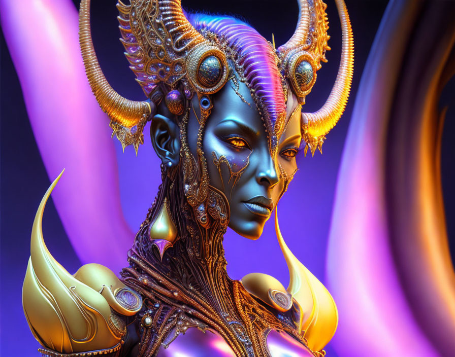 Blue-skinned humanoid creature with golden horns and armor on purple background