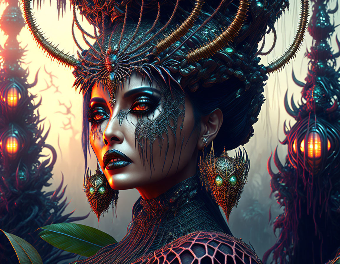 Elaborate Dark Headdress Woman Portrait with Mystical Background