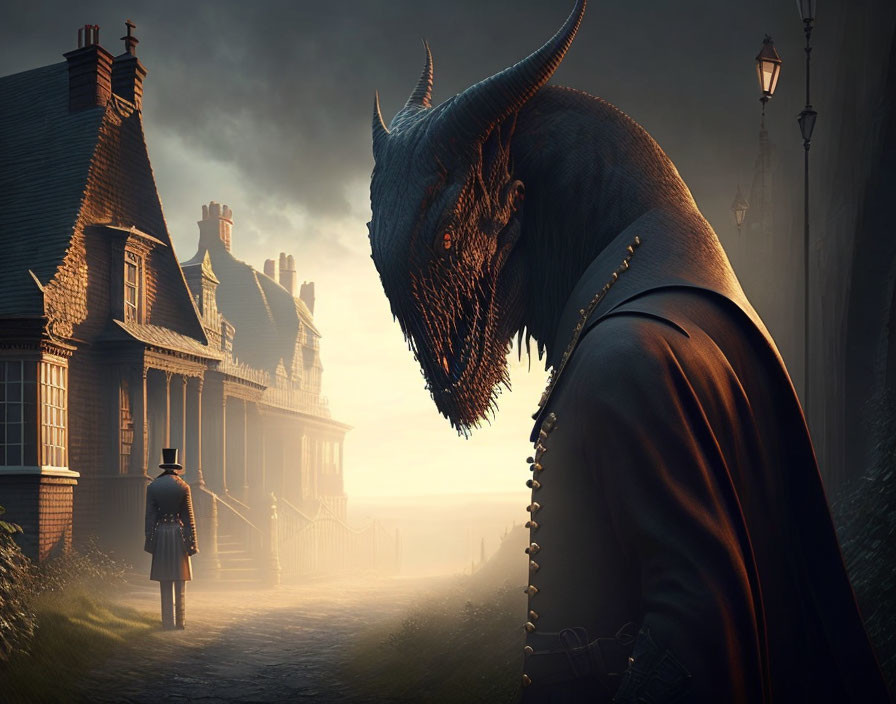 Victorian figure confronts dinosaur-headed creature in foggy street