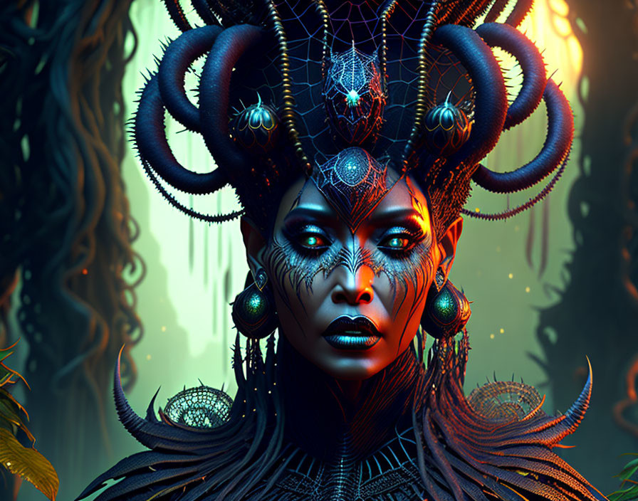 Intricate digital artwork of woman with horned headdress in mystical forest