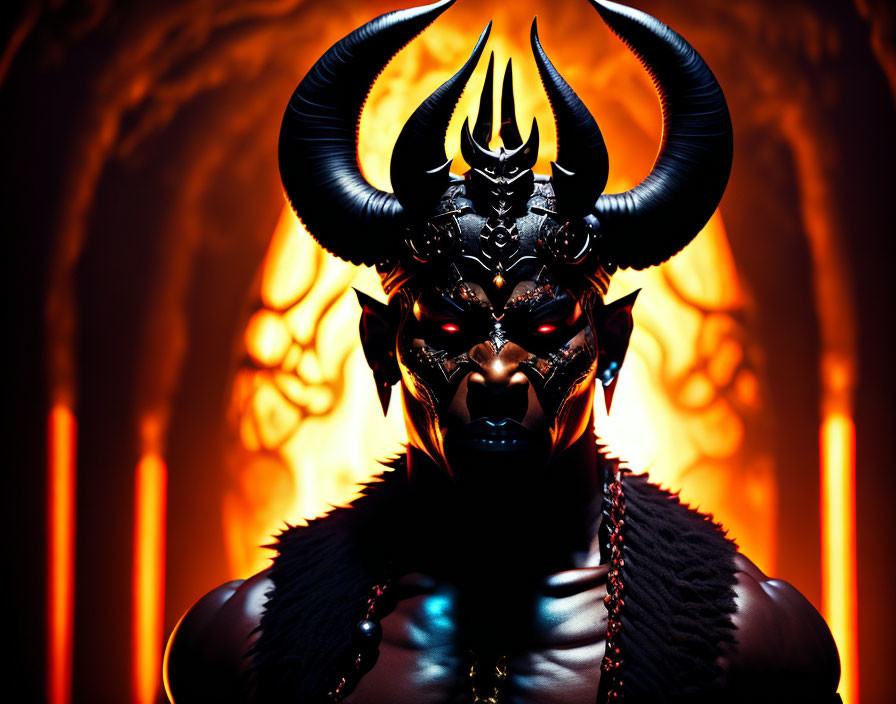 Dramatic demon costume with curved horns on fiery orange backdrop