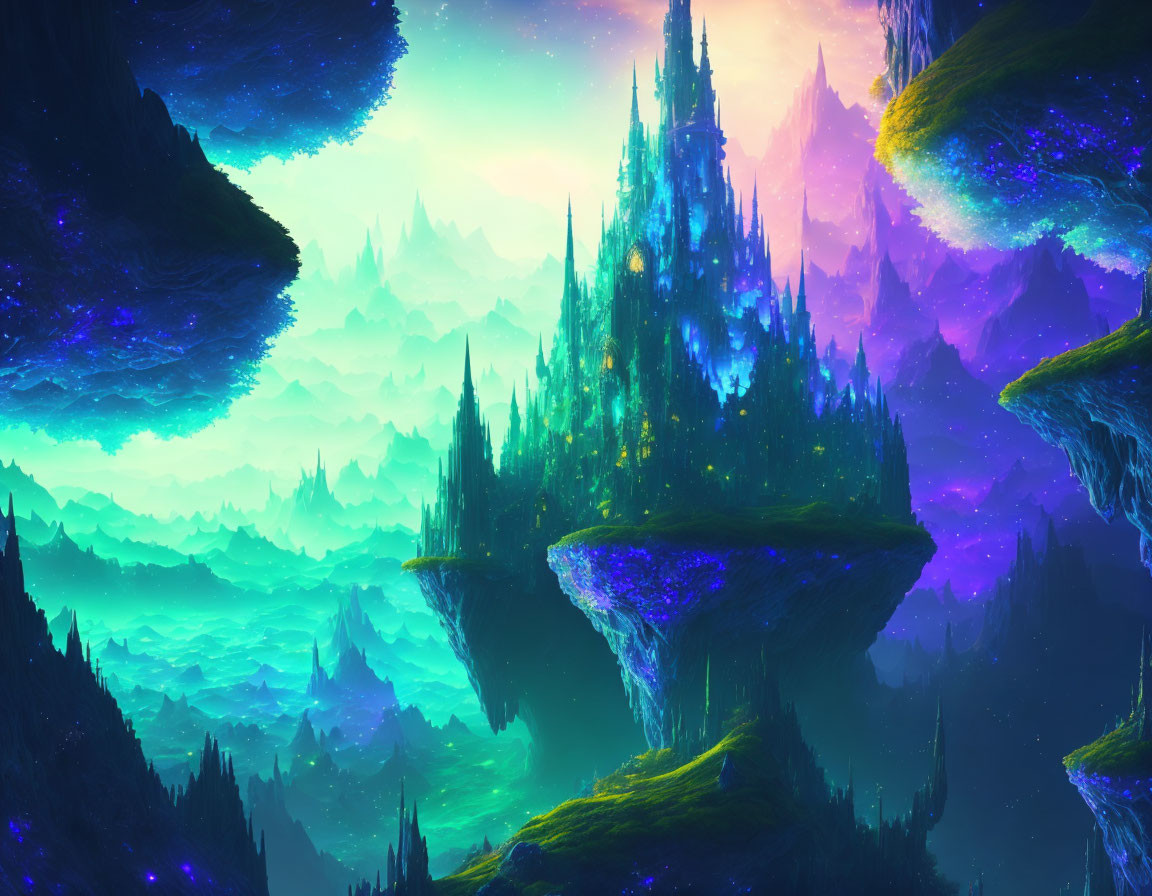 Fantasy landscape with floating islands, luminescent vegetation, and mystical castle