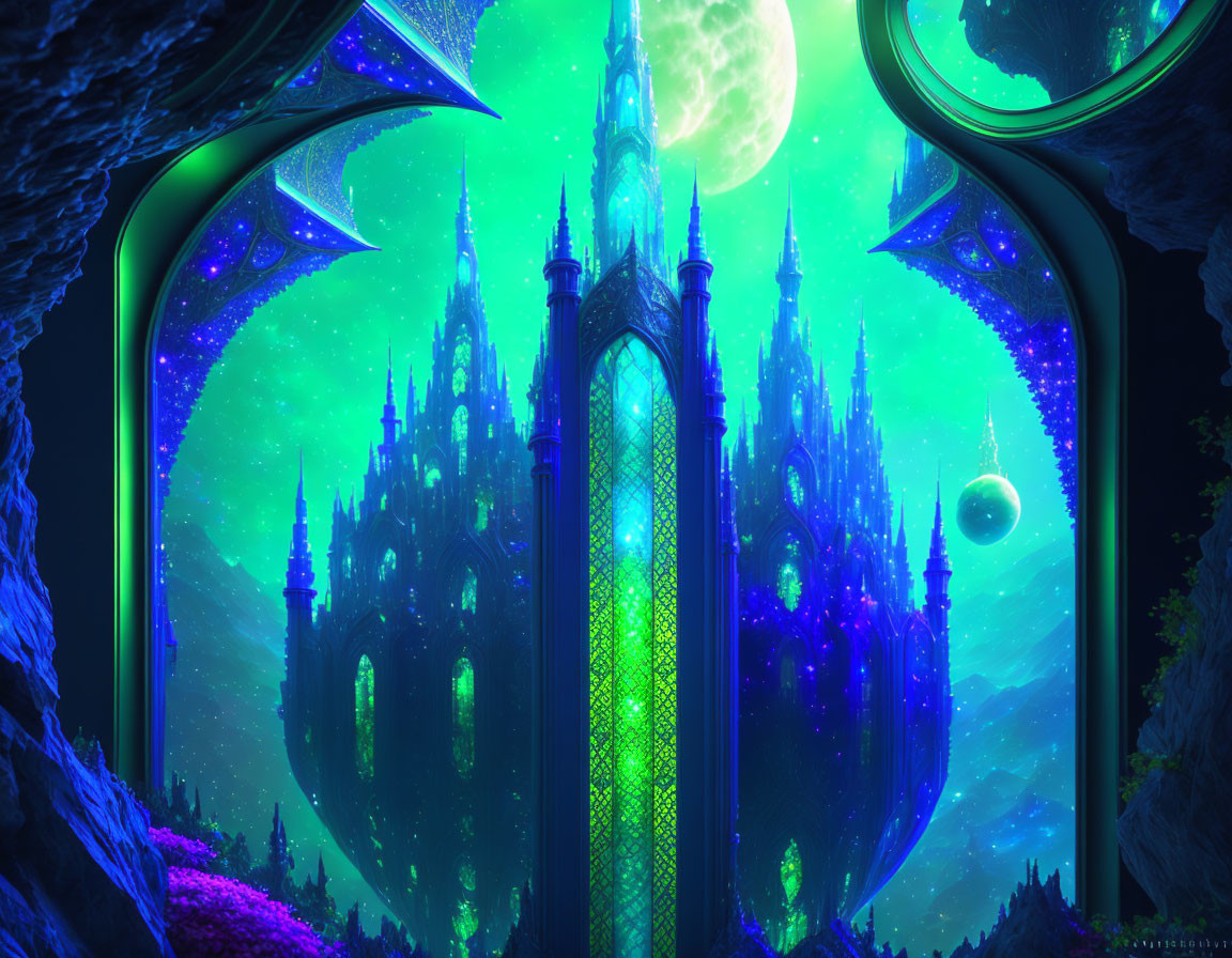 Fantasy landscape with neon-lit castle under starry sky