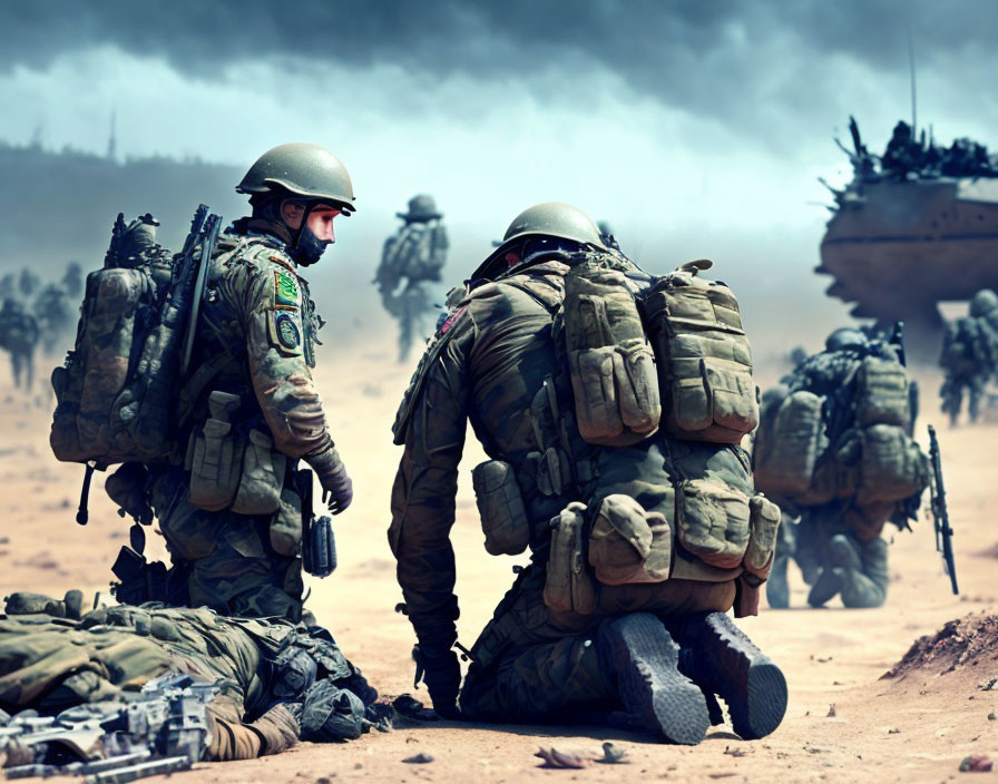 Military soldiers in combat gear on dusty terrain with military vehicle and smoke-filled battlefield.