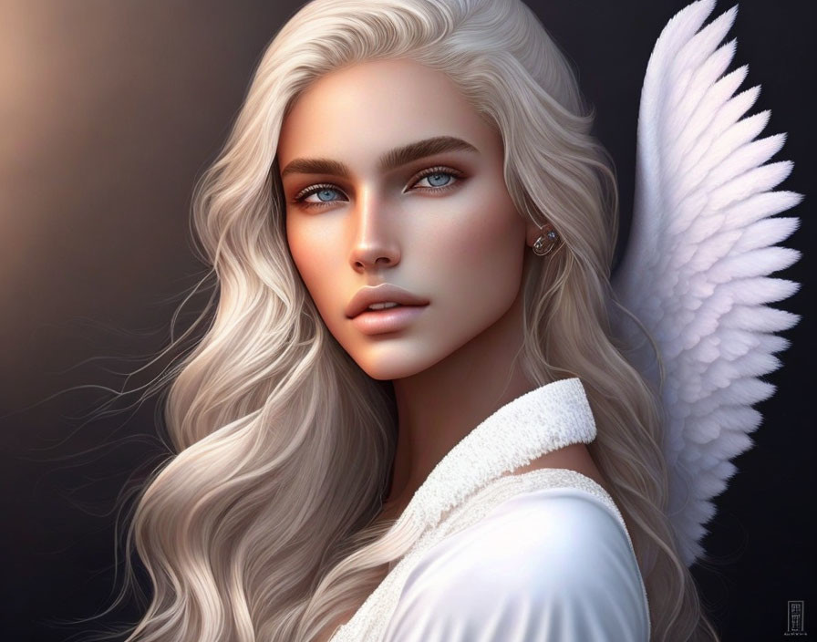 Digital art portrait of angelic woman with blue eyes and white hair