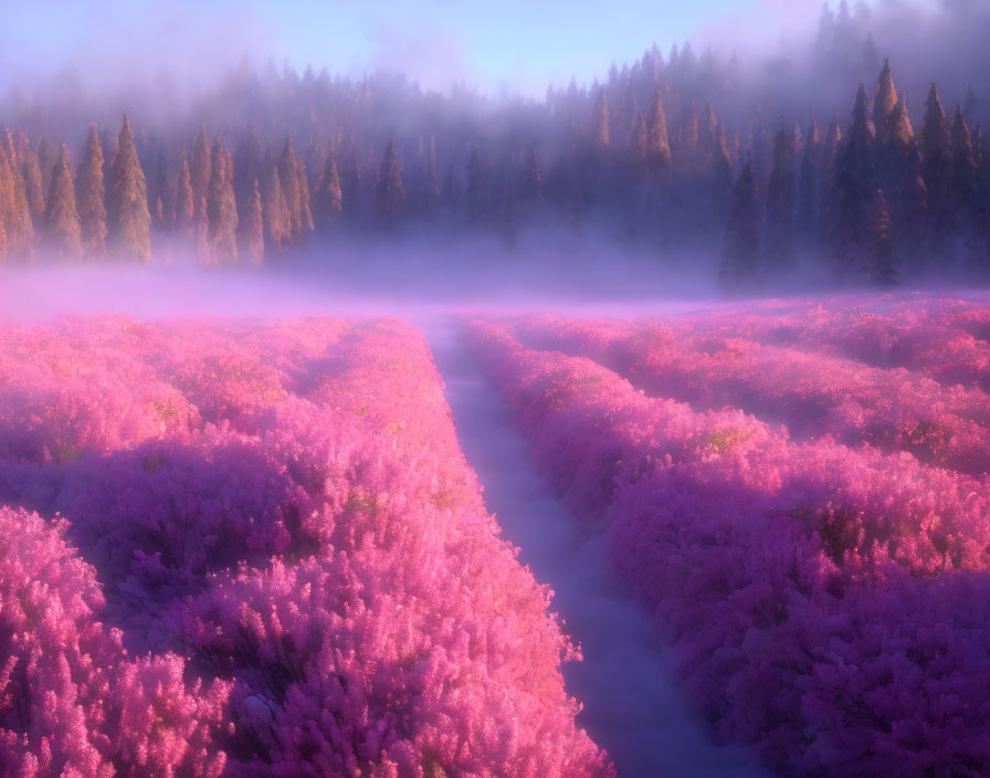 Vibrant pink-purple flower path in misty forest at sunrise or sunset