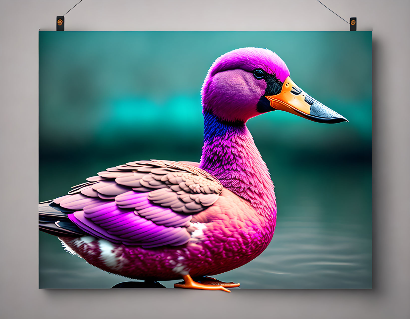 Colorful digital artwork: Purple duck with detailed feathers and orange beak on canvas