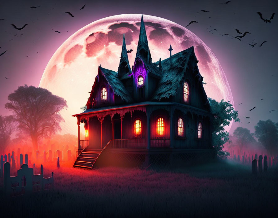 Victorian house on cemetery with bats under full moon