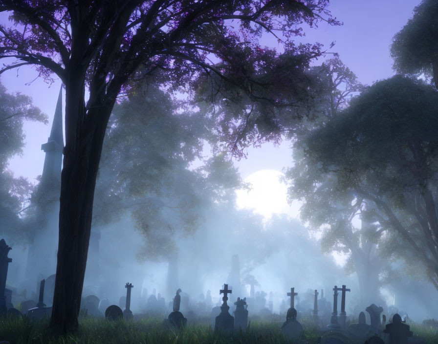 Misty cemetery at dawn with tombstone silhouettes.