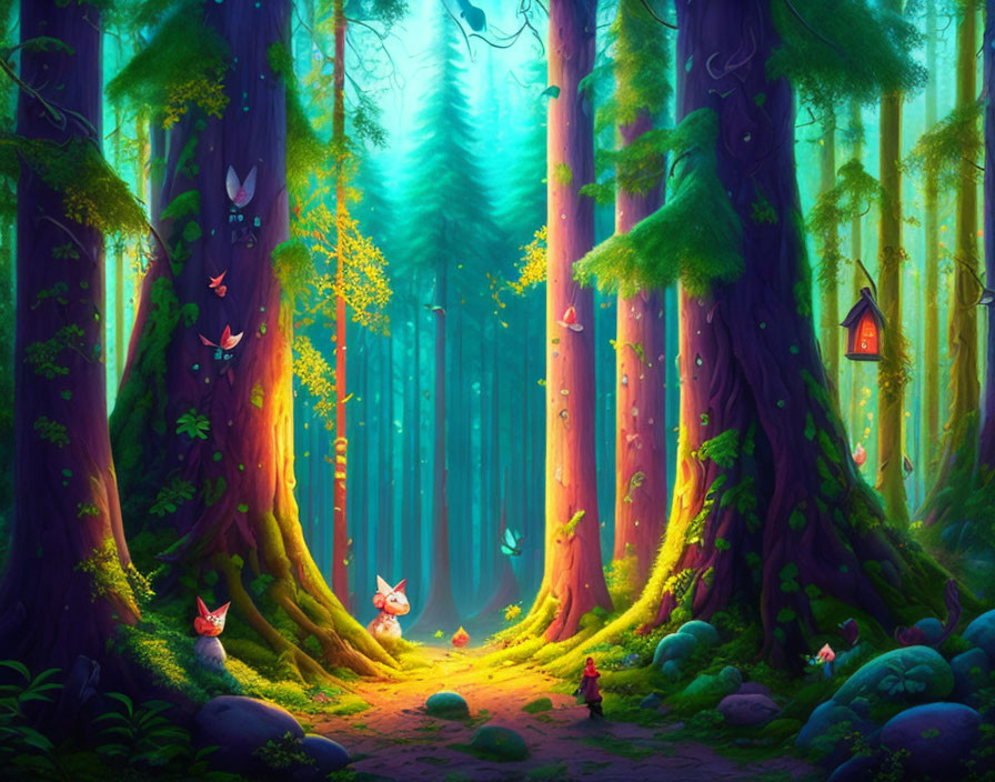 Enchanting forest with large trees, glowing light, moss, birdhouse, and whimsical fox