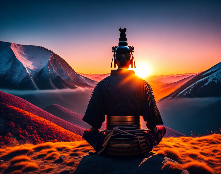 Samurai in traditional armor meditating at sunrise