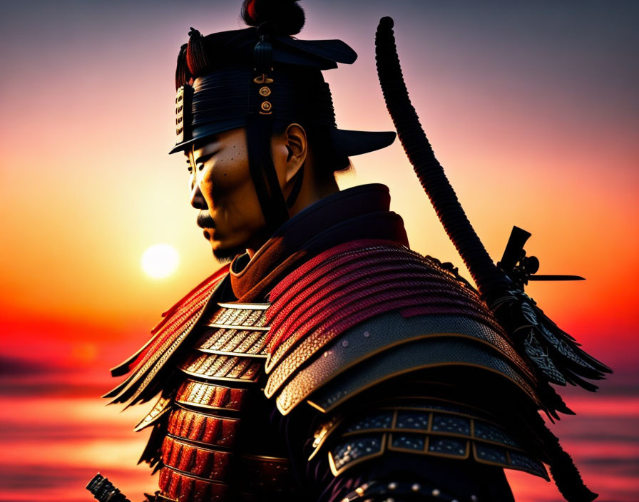 Traditional Samurai Warrior in Armor Against Sunset Sky