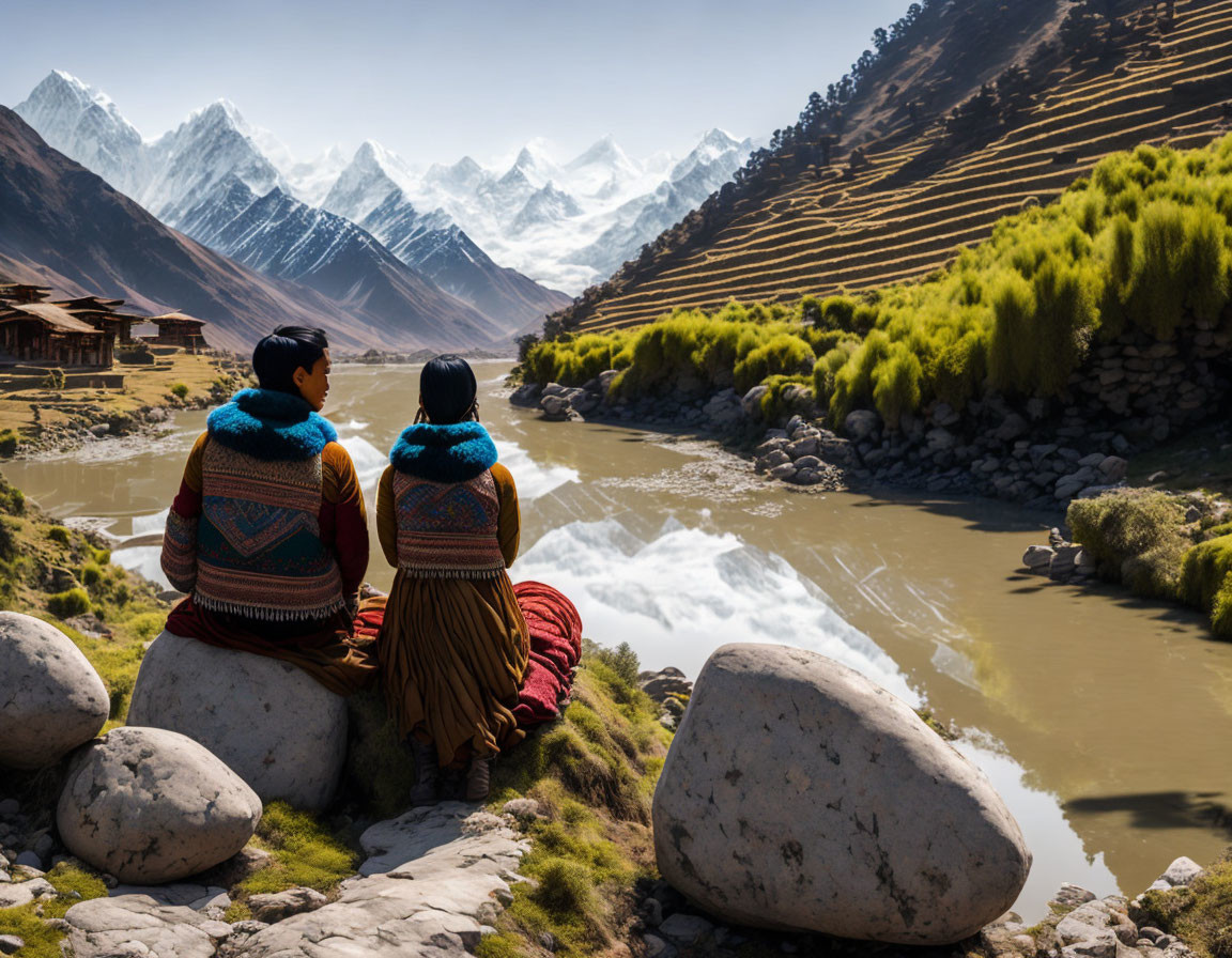 Traditional attire individuals on boulders by serene river & snowy mountains