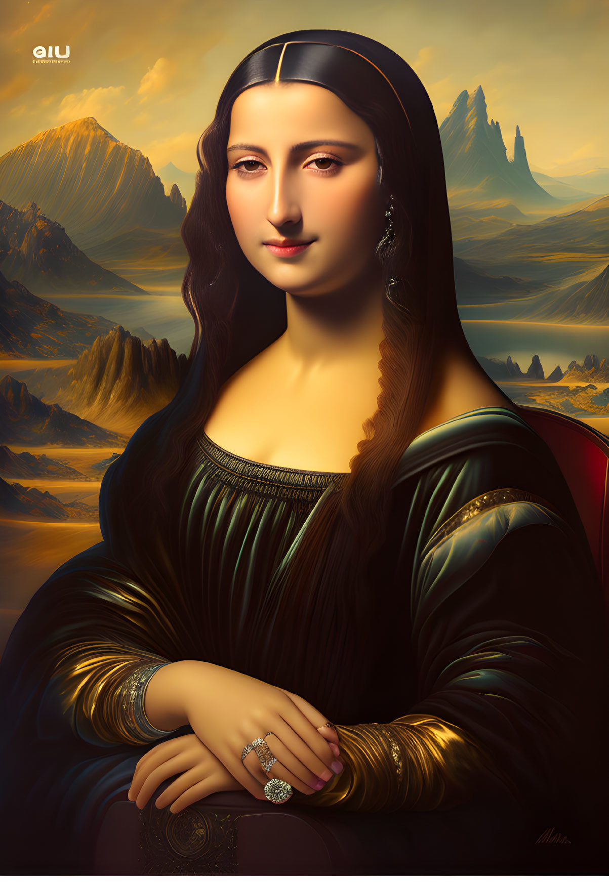 Digital artwork: Woman in Renaissance dress with dark hair, serene expression, set against mountain landscape