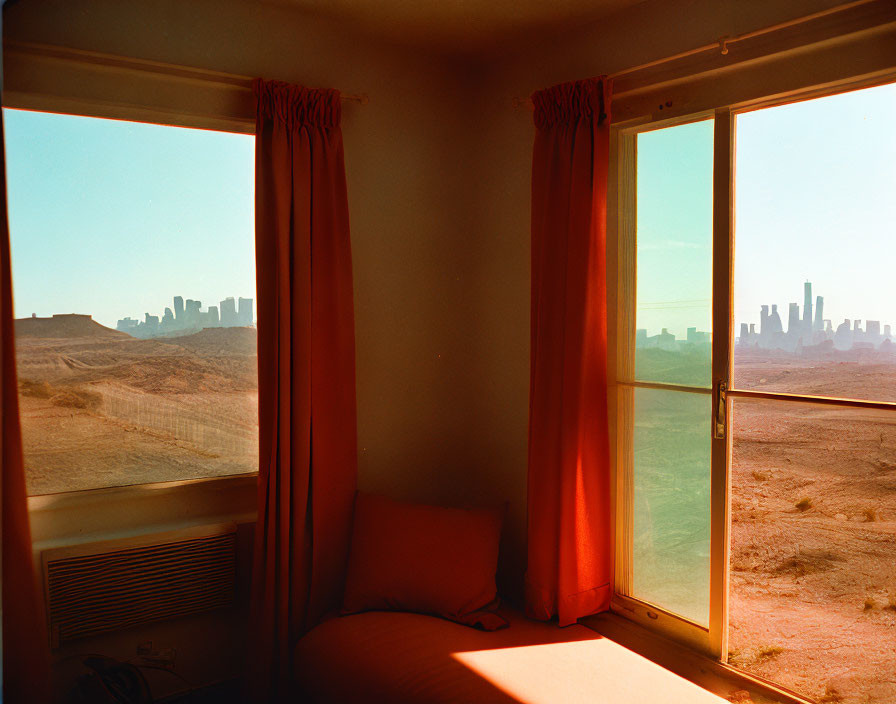 Room with open window overlooking desert landscape and city skyline under clear blue sky.