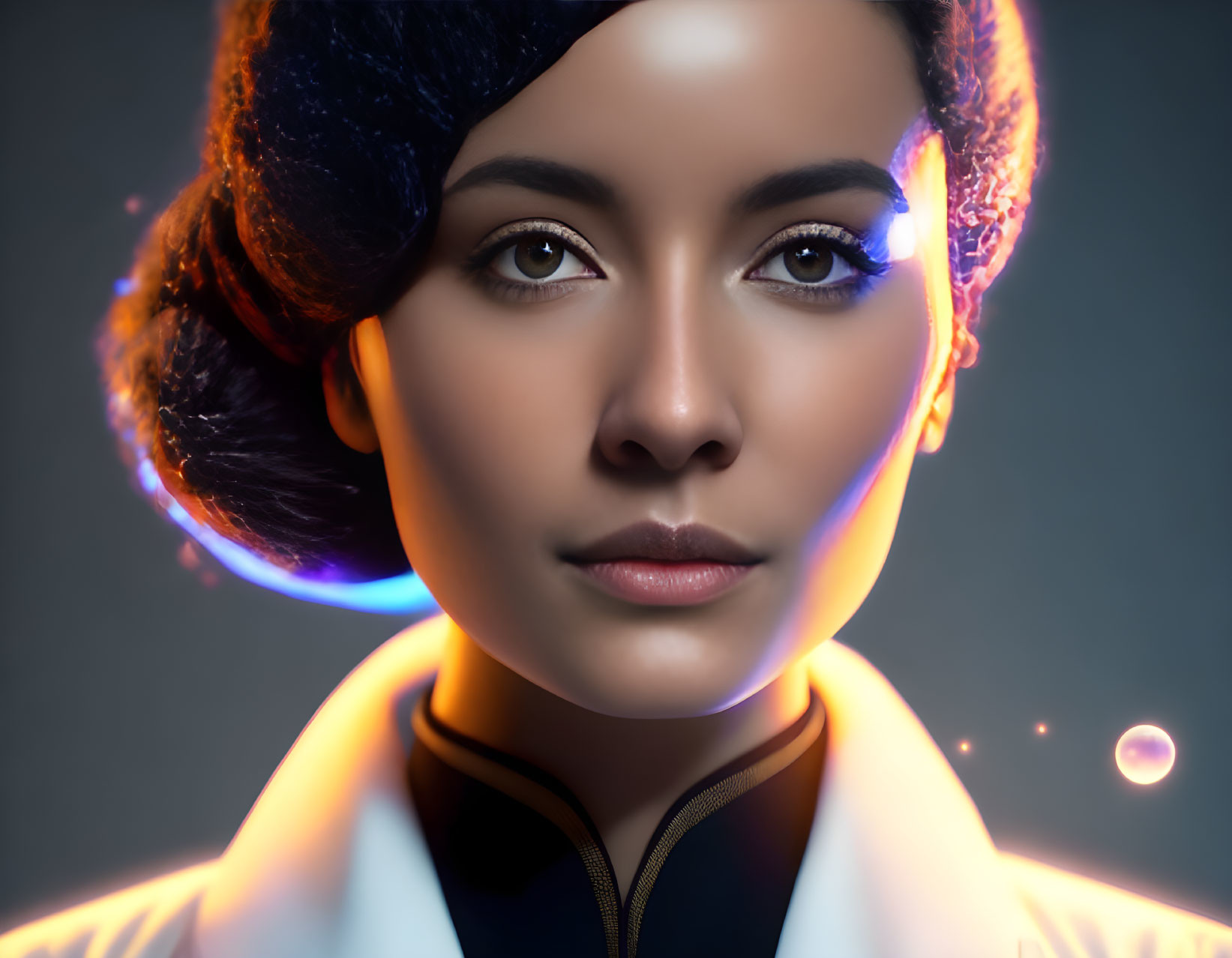 Digital Art Portrait: Woman with Glowing Earrings and Illuminated Outlines