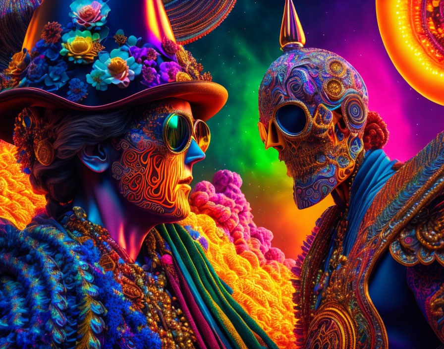 Vibrant skull-faced figures in intricate patterns with cosmic background.