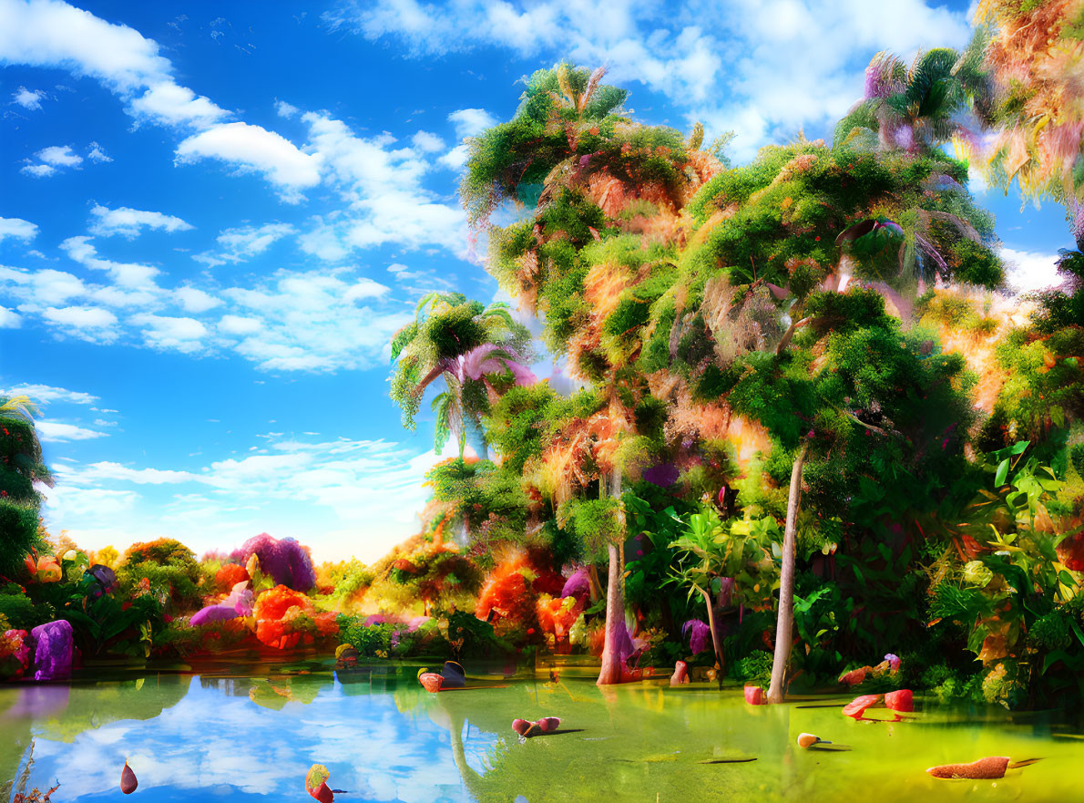 Colorful landscape with trees, plants, pond, and flamingos