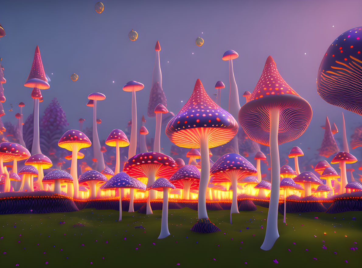 Colorful Bioluminescent Mushroom Illustration in Enchanted Forest