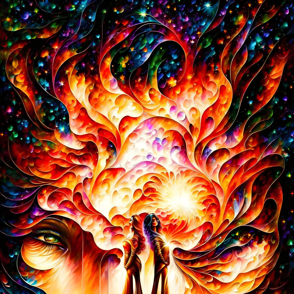 Colorful Abstract Artwork: Phoenix, Human Profile, Celestial Motifs, Cosmic Background