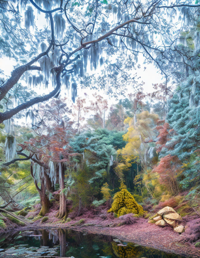 Tranquil woodland scene with reflective pond and rowboat