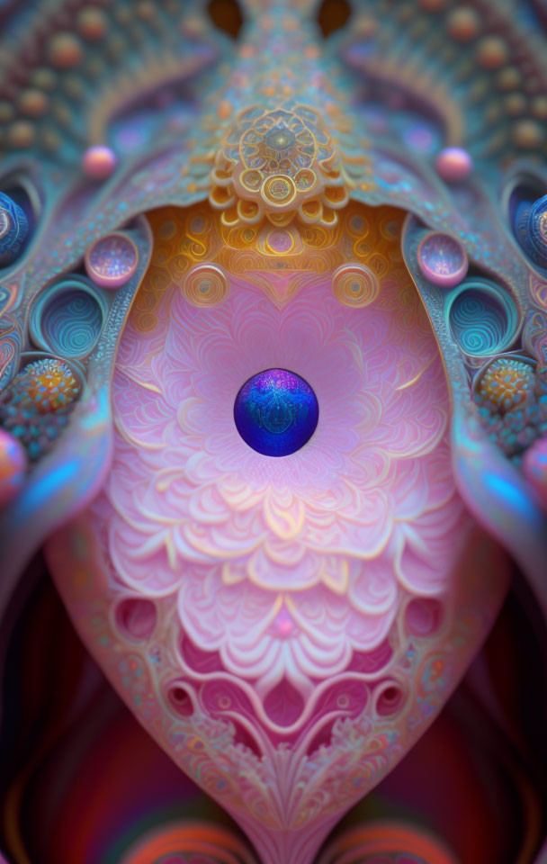 Colorful digital fractal with blue, purple, and pink patterns around a glowing central sphere