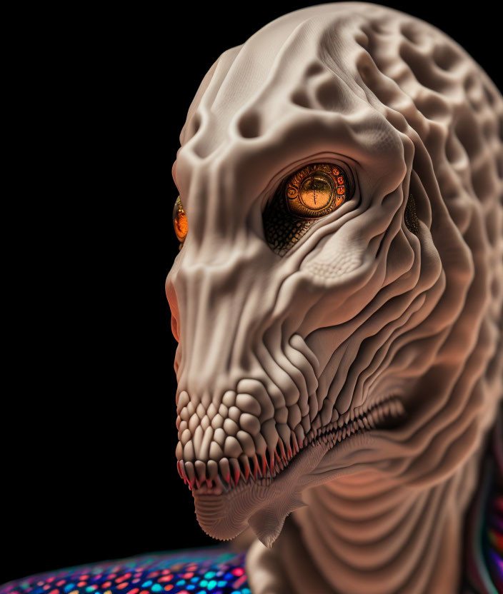 Stylized reptilian creature with intricate skin patterns and orange eyes on black background