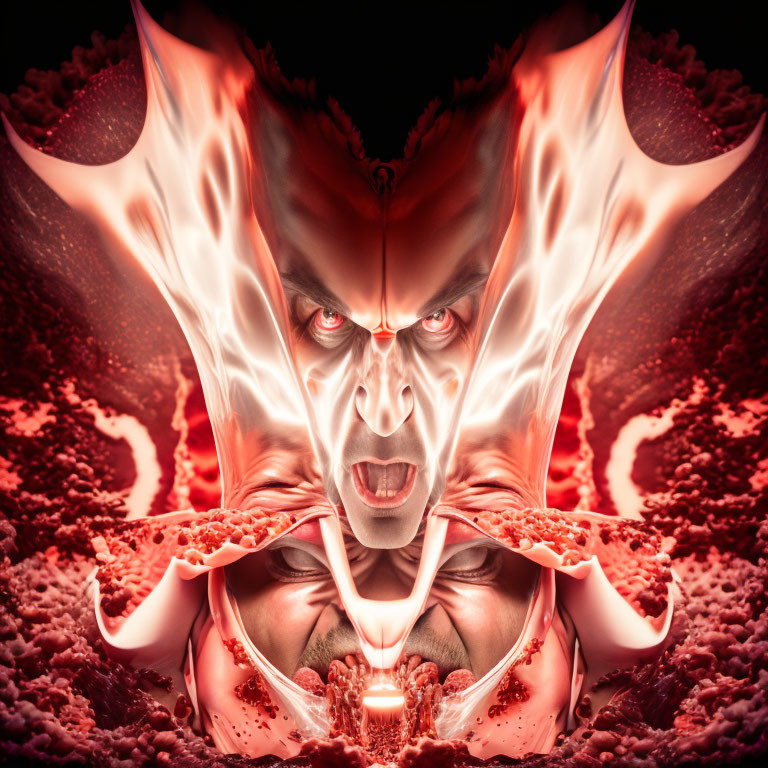 Symmetrical digital artwork of menacing figure with glowing red eyes