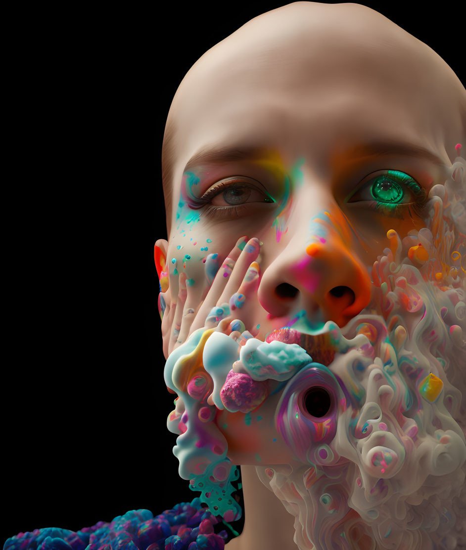 Colorful surreal digital portrait with paint-like textures on black background