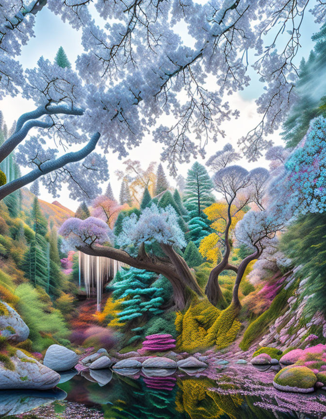 Colorful Fantasy Landscape with Waterfall, Lake, Flora, and Blossoming Trees