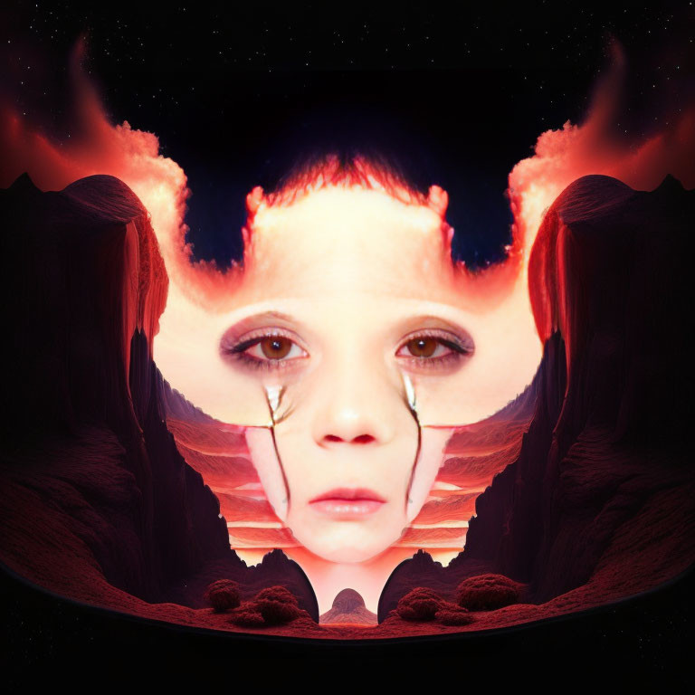 Surreal cosmic backdrop with child's face and fiery nebulae