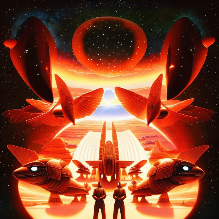 Two figures in a sci-fi scene with cosmic landscape, spaceships, and celestial body.