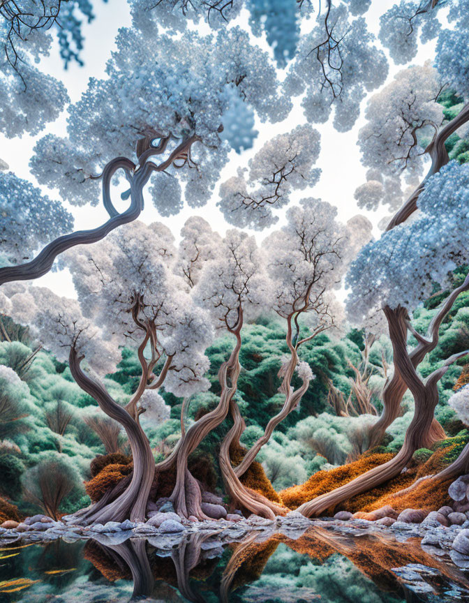 Twisted trees and serene river in whimsical forest scene